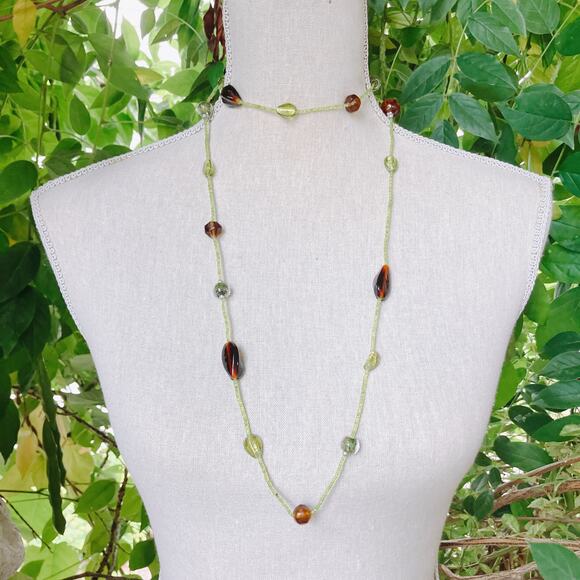 Vintage 44" Long Brown and Green Glass Seed Bead Bohemian Hippie Opera Necklace - Picture 6 of 10